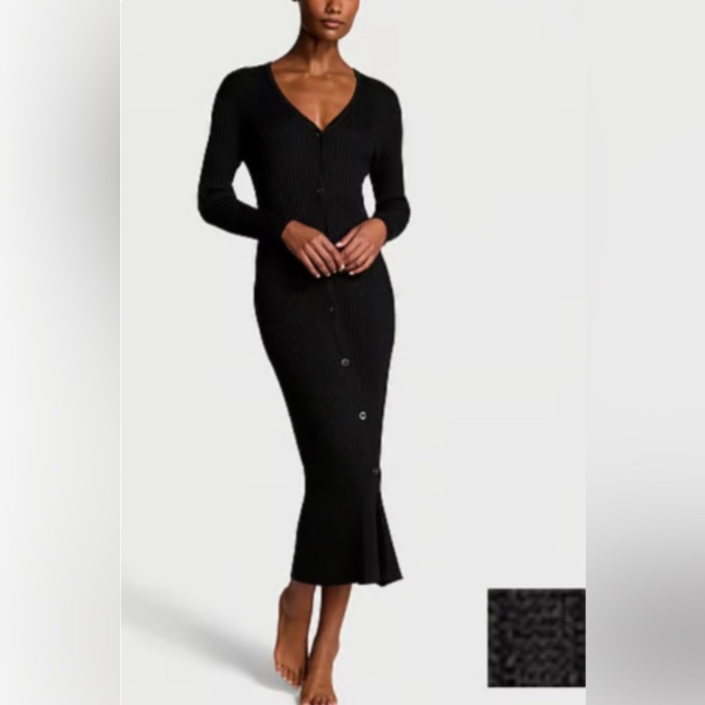 Victoria's Secret Black Ribbed Button-Front Long Sleeve Midi Dress